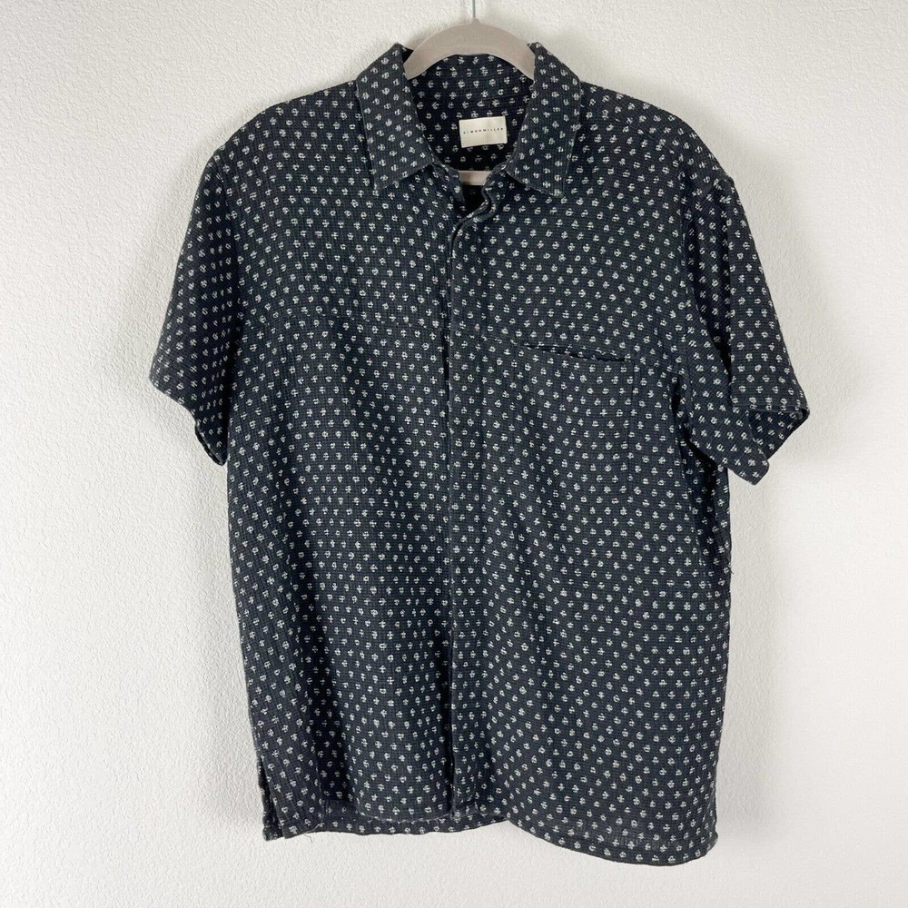 Simon Miller Shirt Mens XL 4 Black Printed Linen Cotton Button Down Short Sleeve